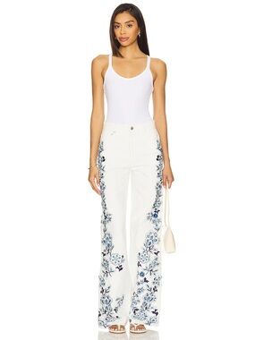 Alice + Olivia White Blue Floral Embroidered Wide Leg Jeans